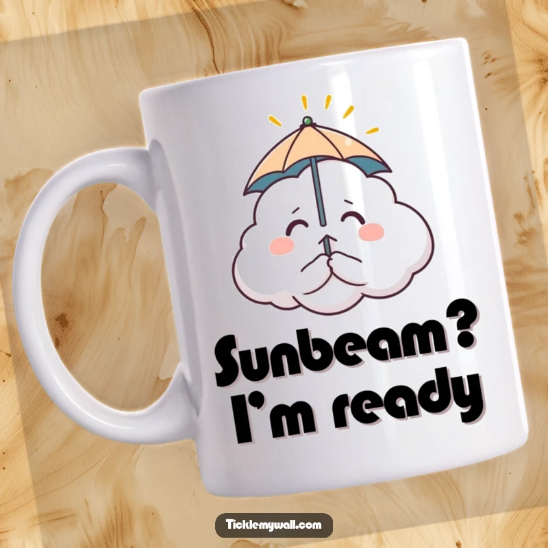 Funny mug of a nervous cloud with a tiny umbrella, comically trying to shield itself from a single sunbeam, expressing relatable anxiety.