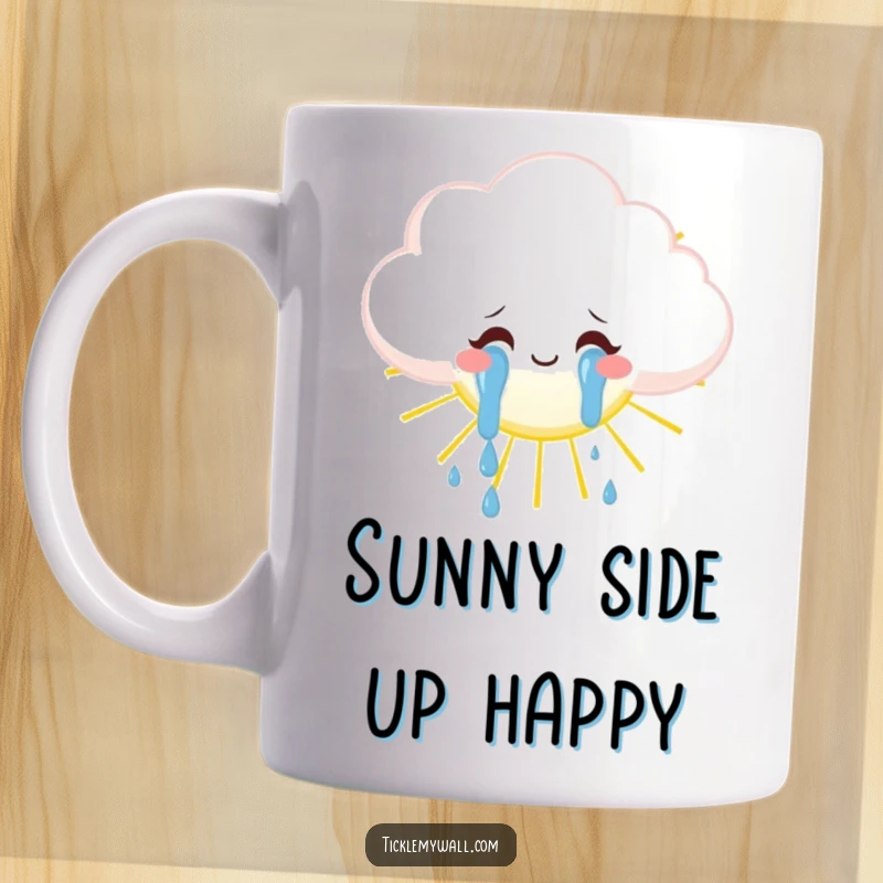 Funny fluffy cloud weeping tears of joy onto a smiling sun, whimsical weather art, happy mug gift.