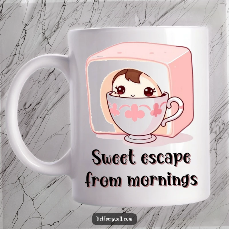 Funny Shy Teacup Mug: A bashful teacup character peeking from behind a large sugar cube, expressing adorable shyness.