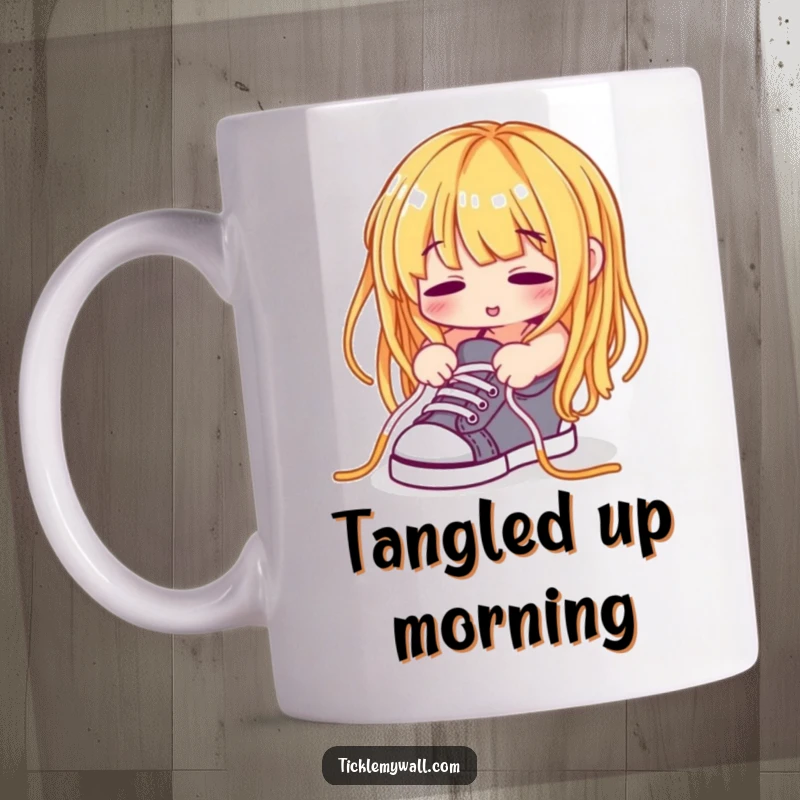 Funny Spaghetti Noodle Mug, a pasta strand humorously attempting to tie shoelaces, depicting a comical struggle.