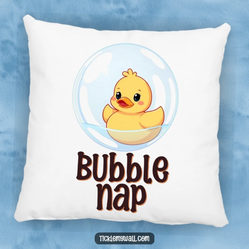 Funny pillow with a rubber ducky stuck inside a giant bubble. A soft, huggable, and humorously designed cushion.