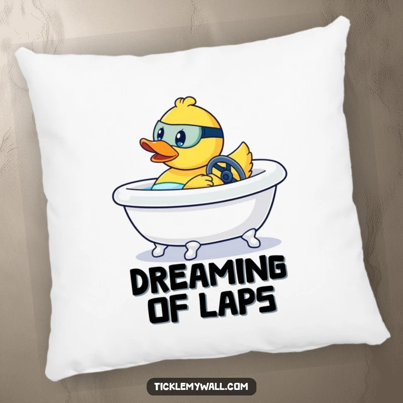 Funny pillow with a rubber duck aggressively steering a bathtub like a race car, emphasizing playful action.