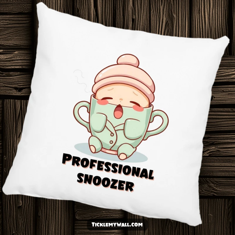 Funny pillow with a sleepy teacup character wearing pajamas and yawning steam, ideal for cozy relaxation.