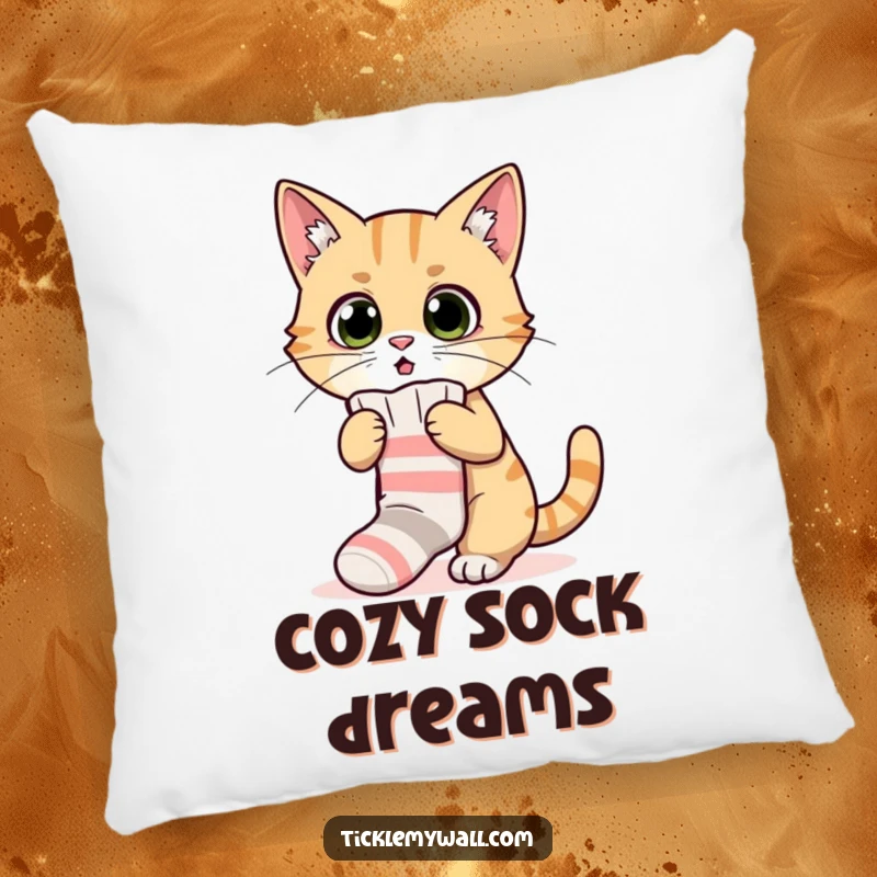 Funny pillow featuring a surprised cat hilariously struggling with a tiny sock, offering comfort and comedic feline charm.