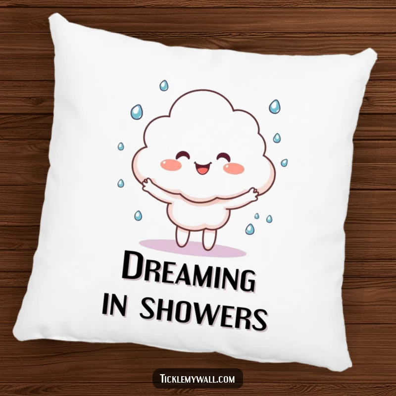 Funny happy cloud character juggling tiny raindrops, as a soft and humorous decorative pillow.