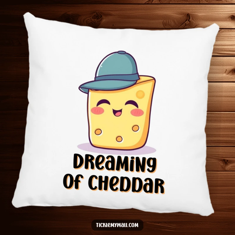 Funny pillow showing a happy slice of cheese attempting to wear a very small hat.