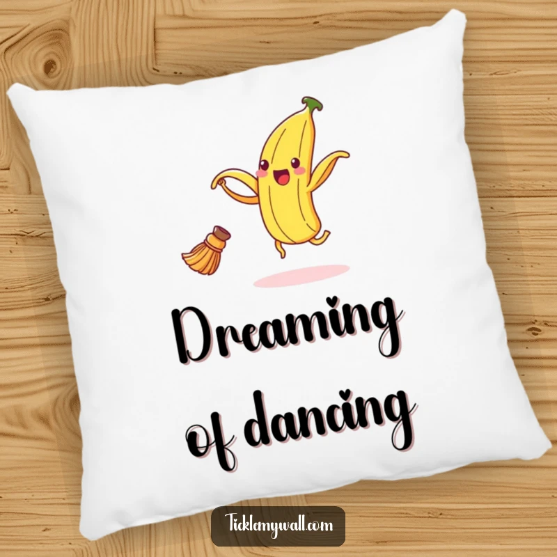 Funny banana peel pillow featuring a happy peel dancing with a broom, offering comfort and humorous decoration.