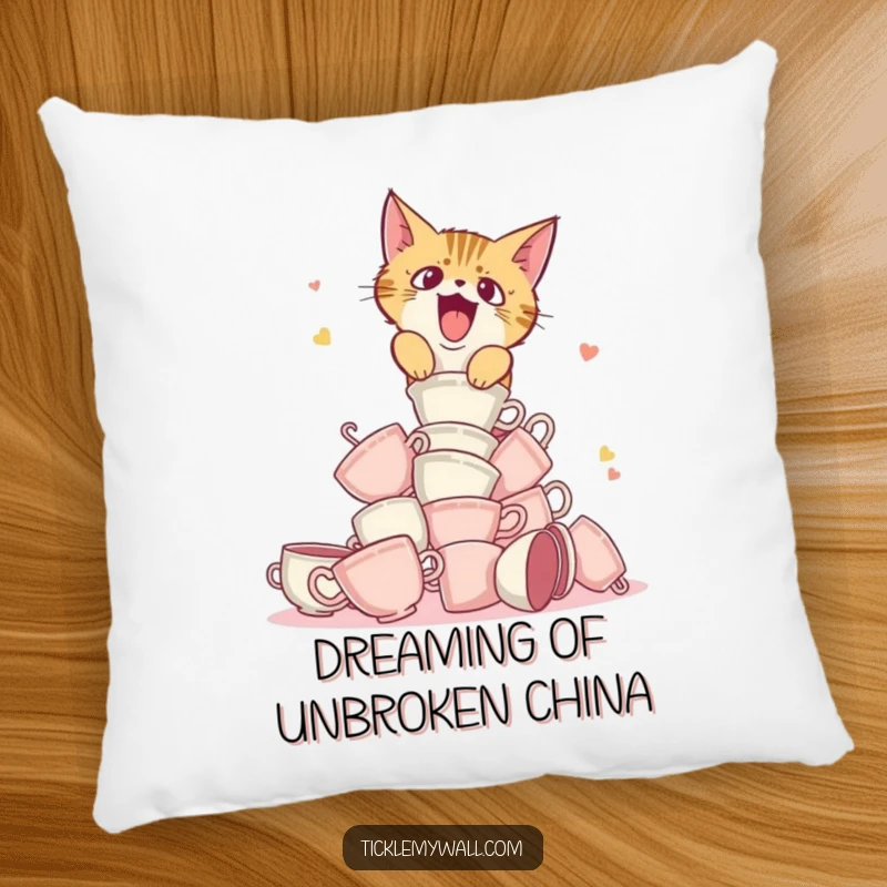 Funny pillow showcasing a startled cat knocking over teacups, offering comfort and comedic cheer.