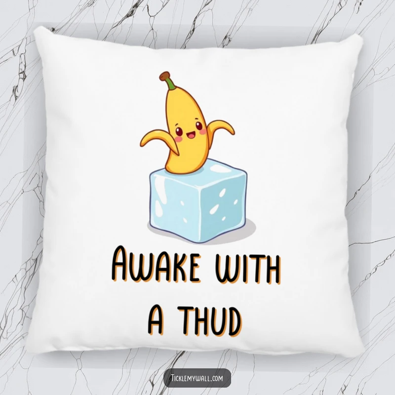 Funny pillow showcasing a banana peel comically slipping on a tiny ice cube, bringing comfort and classic humor.