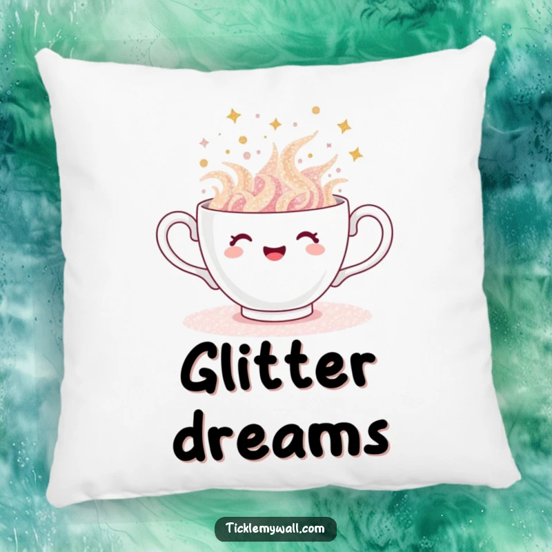 Funny teacup pillow, decorative cushion with a cup overflowing with glitter, spilling gleefully, soft and fun.