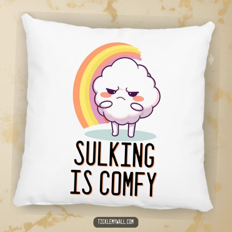 Funny Pillow: Soft cushion featuring a grumpy cloud character trying to hug a rainbow, bringing humorous comfort.