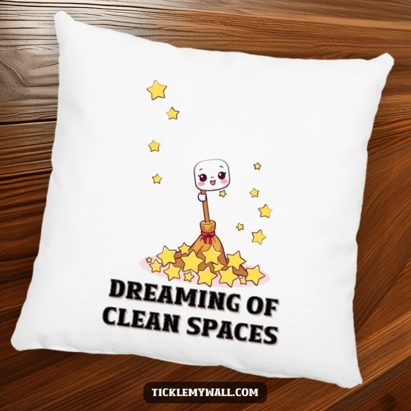 Funny pillow showcasing a cheerful broom sweeping giggling stars, perfect for cozy, whimsical, and humorous lounging.
