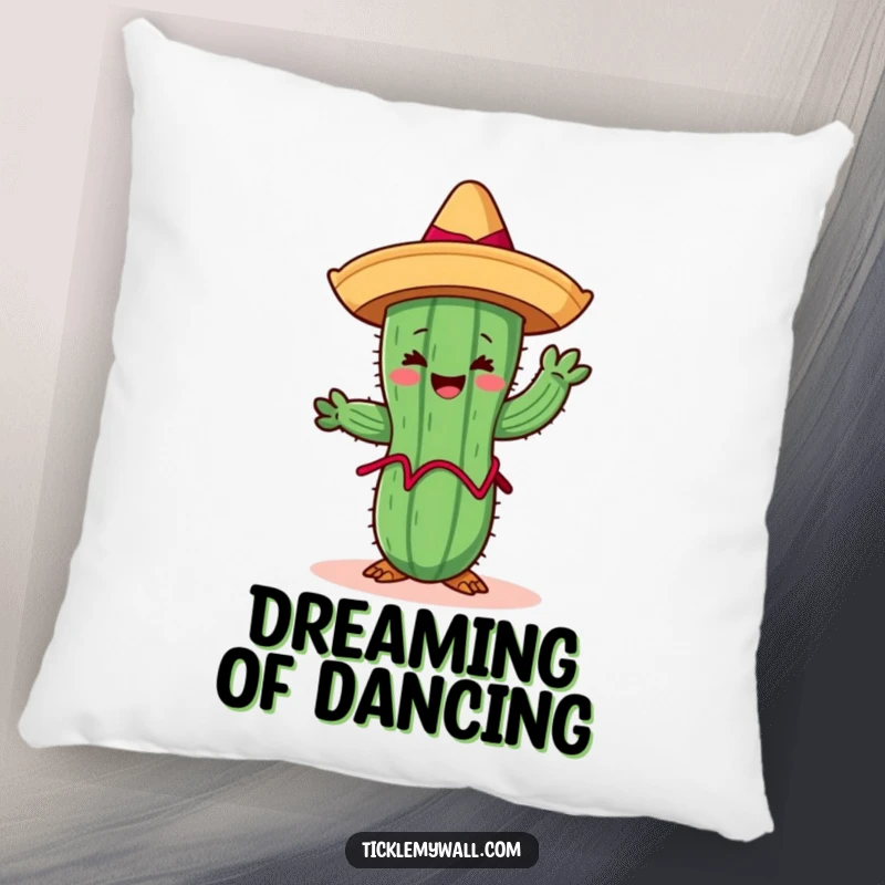 Funny Limbo Cactus Pillow: A cheerful cactus wearing a sombrero limboing, a soft and humorous cushion.