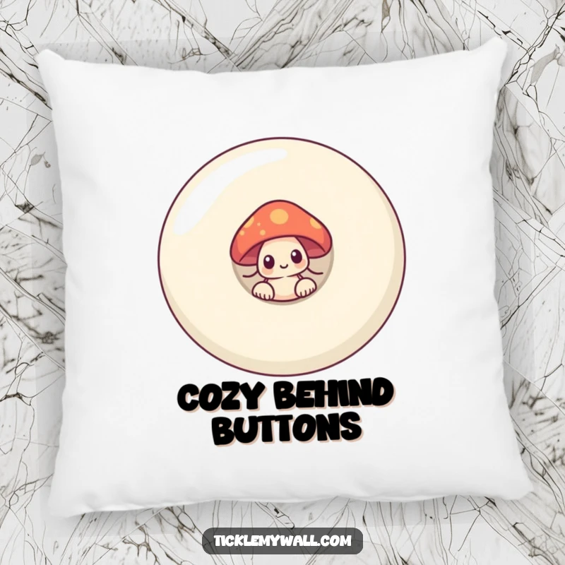 Funny shy mushroom peeking from behind a giant smiling button, designed on a cozy pillow for humorous decor.