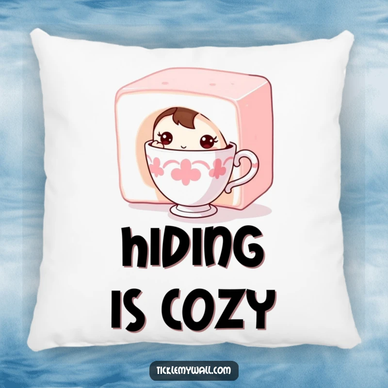 Funny Shy Teacup Pillow: A shy teacup character hiding behind a sugar cube, offering comfort and sweet charm.