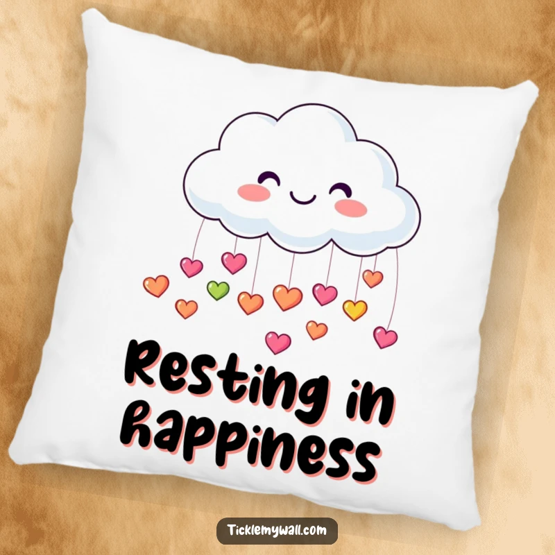 Funny plush pillow depicting a happy cloud raining small, colorful, bouncing hearts, offering comfort and cheer.