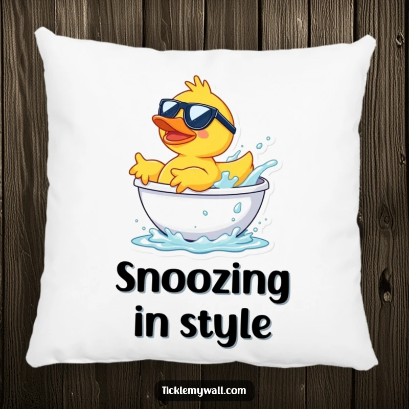 Funny rubber duck wearing sunglasses, launching from a bathtub splash, a decorative and humorous pillow.