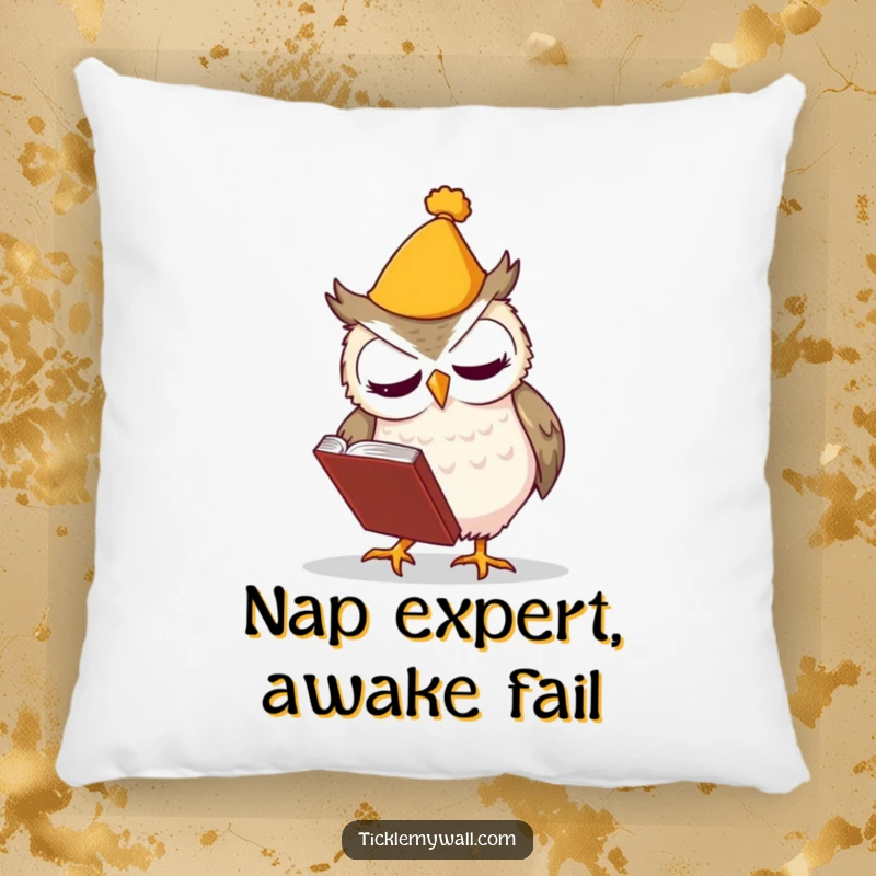 Funny pillow showcasing a clumsy owl in a hat tripping over a book, offering comfort and comedic cheer.
