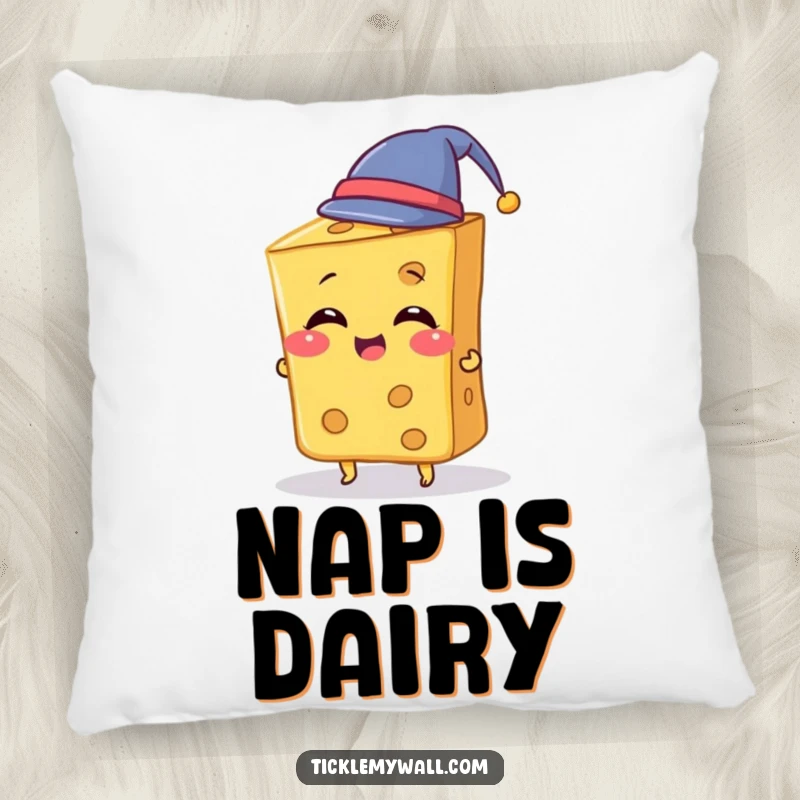 Funny Cheese Pillow showcasing a giggling slice of cheese playfully trying on a miniature hat, perfect for cozying up with humor.