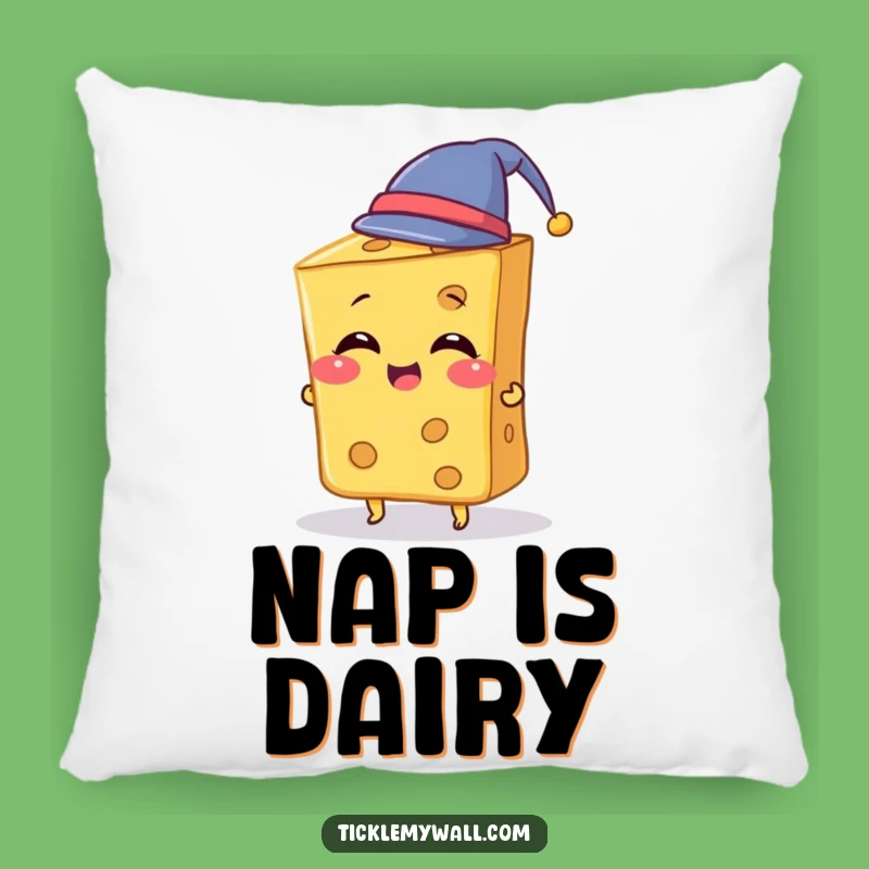 Cozy Funny Cheese Hat Pillow: Giggling Cheese Slice Tries Tiny Hat, Soft Funny Gift