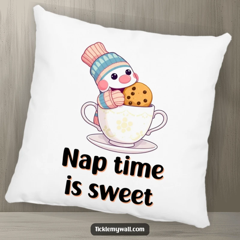 Funny pillow featuring a mischievous sock puppet stealing a cookie from a surprised teacup, a comfortable and humorous decorative item.