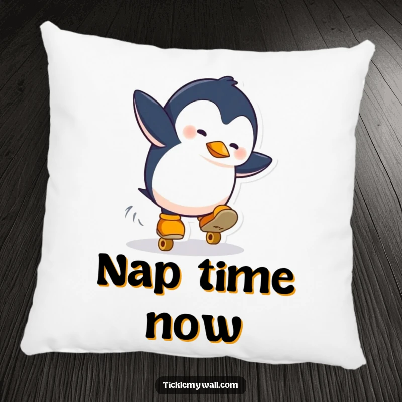 Funny pillow with a penguin mid-fall on roller skates. A soft, huggable, and humorously designed cushion.