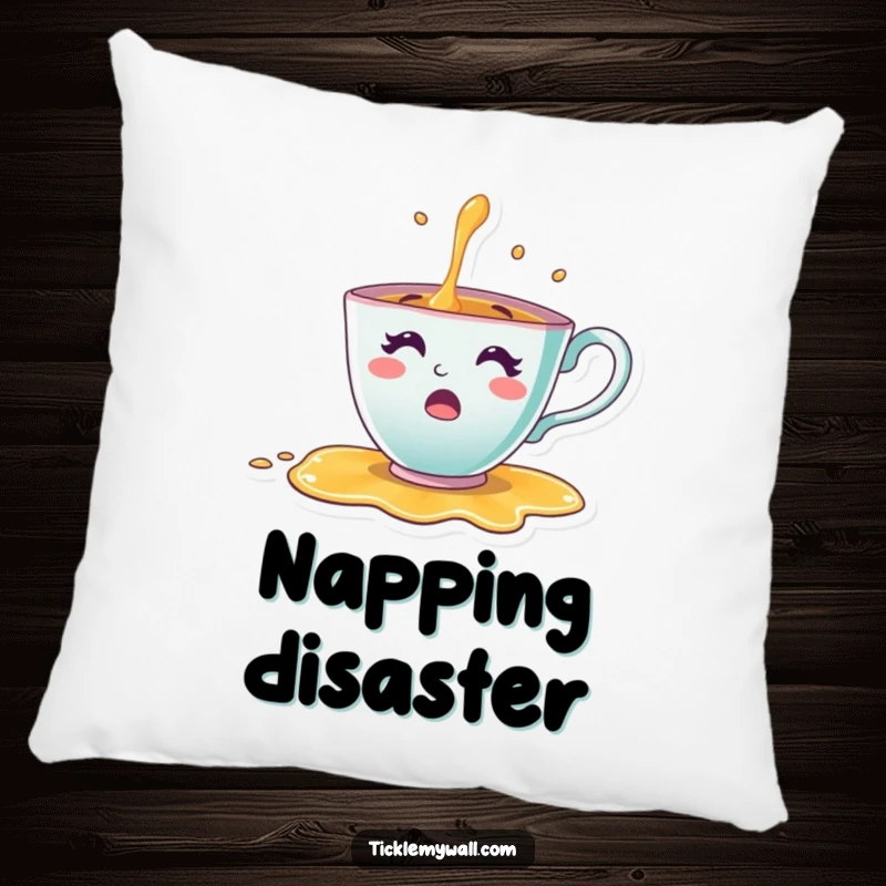 Funny Teacup Pillow showcasing a happy teacup character humorously spilling its tea in a moment of surprise, perfect for cozying.