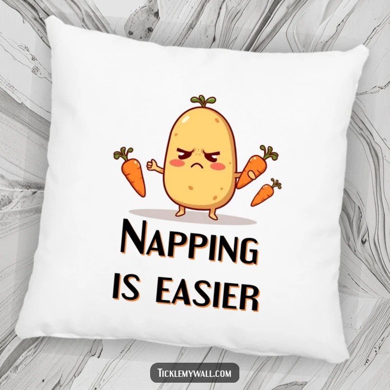 Funny Pillow: Soft cushion featuring a nervous potato struggling to juggle tiny carrots, bringing comedic relief.