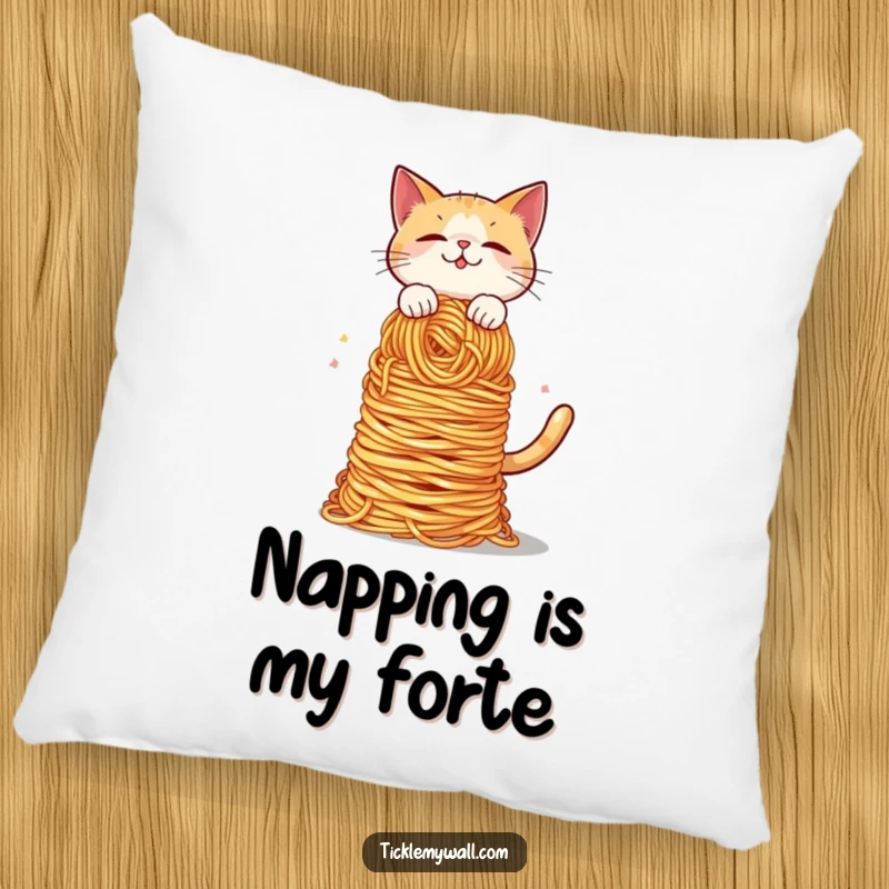 Funny Cat Spaghetti Balance Pillow: A cat tries to hold a massive spaghetti pile, offering funny comfort and decor.