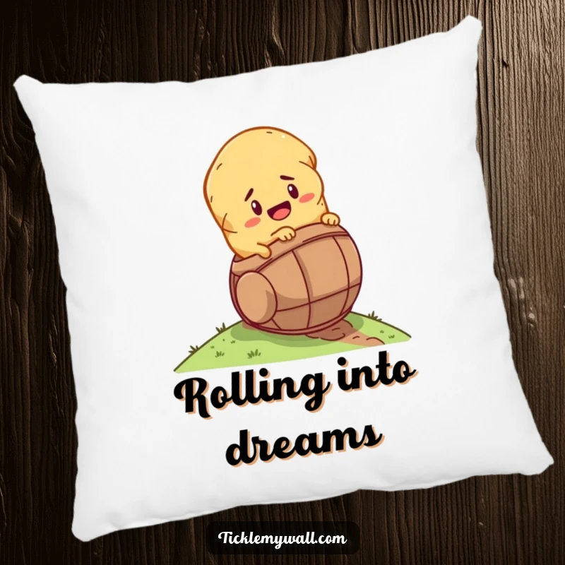 Funny determined potato rolling down a hill inside a tiny barrel, designed on a cozy pillow for humorous decor.