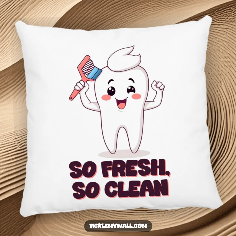 Funny cartoon toothbrush flexing muscles on a plush pillow after defeating a giant tooth, offering comfort and comedic dental charm.