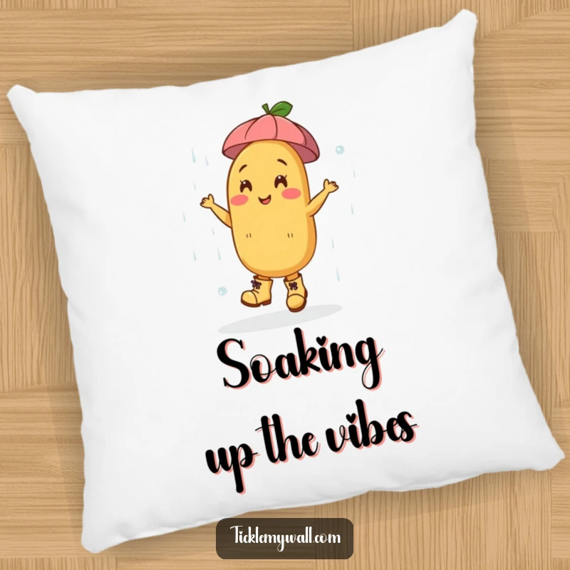 Funny Dancing Potato Boots Rain Pillow: A happy potato in boots dances in the rain, offering funny comfort.