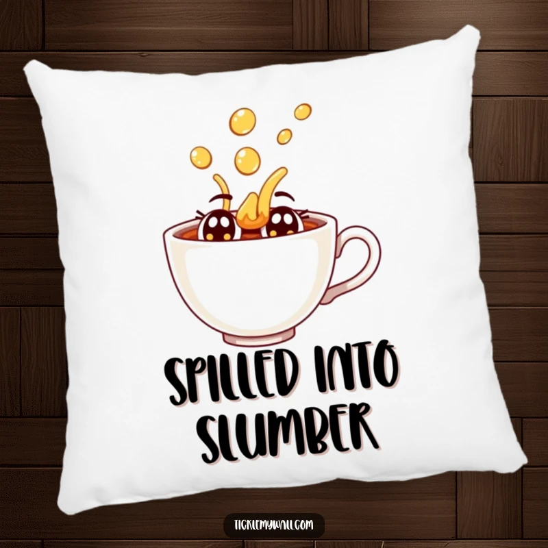 Funny joyful teacup with eyes spilling tea dramatically on a soft decorative pillow.