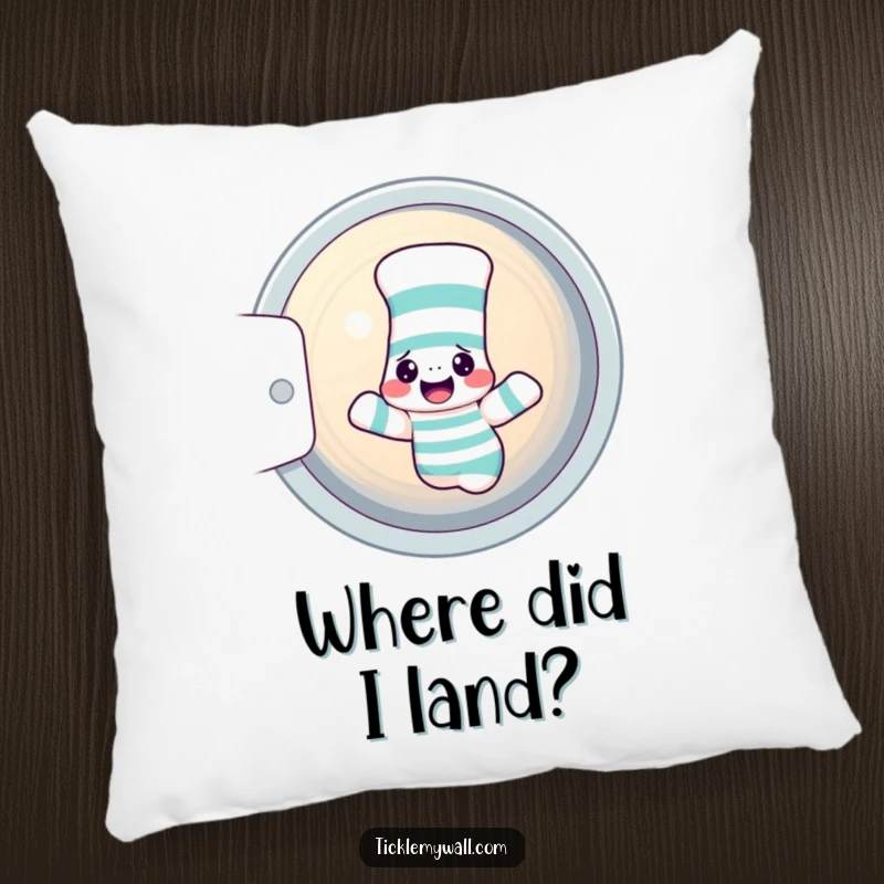 Funny sock pillow featuring a confused sock and a sock puppet spinning in a dryer, offering comfort and humor.