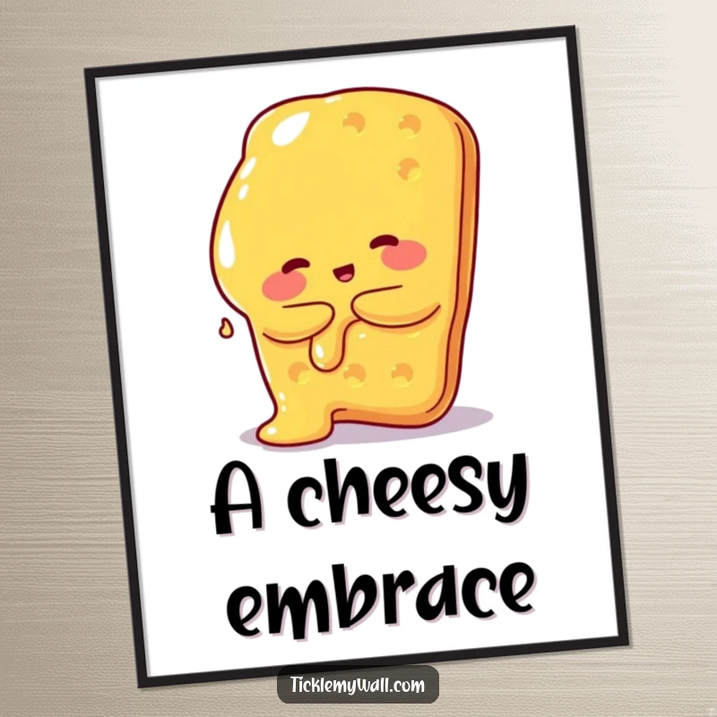 Funny digital art print of a melted cheese blob hugging a giant cracker, humorous and deliciously relatable.