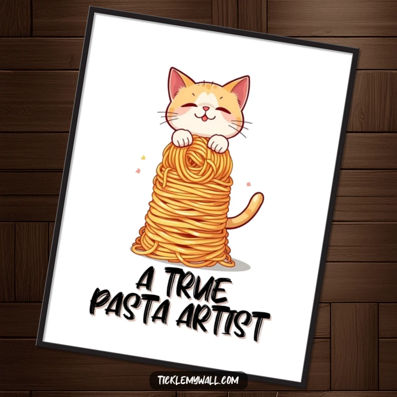 Funny Cat Spaghetti Balance Digital Art Print: A cat teeters with spaghetti, perfect for instant funny wall decor.