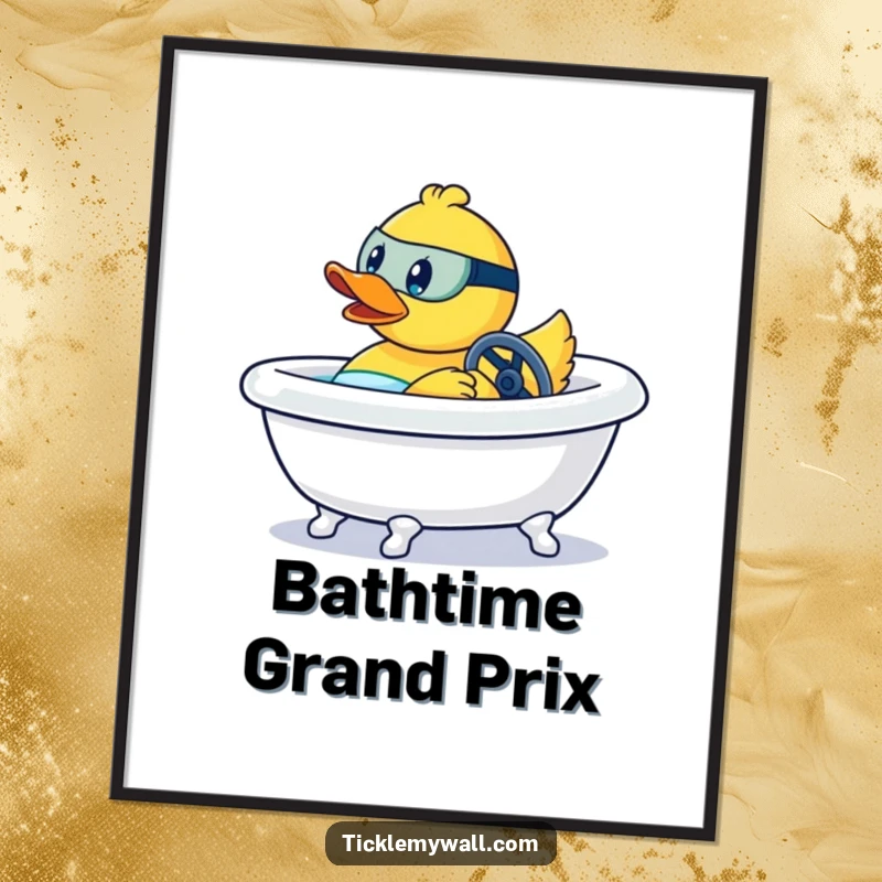 Funny digital art print of a rubber duck aggressively steering a bathtub like a race car, embodying speed and fun.