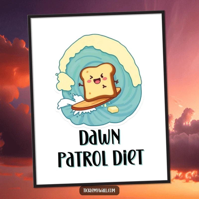 Funny digital art print of toast enthusiastically surfing a huge wave of butter, a humorous breakfast scene.