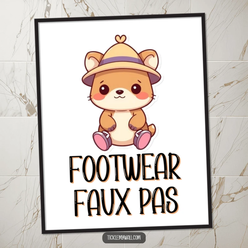 Funny digital art print of a charming animal wearing a small hat and adorably misplaced shoes on its hands.