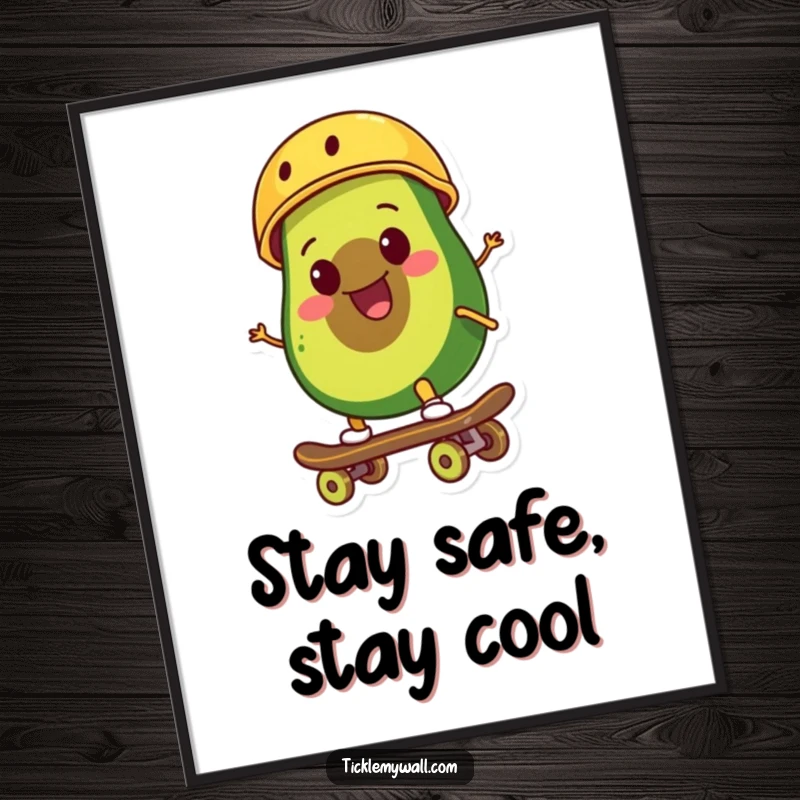 Funny smiling avocado wearing a tiny helmet rides a skateboard with a cool, determined expression on a printable digital art file.