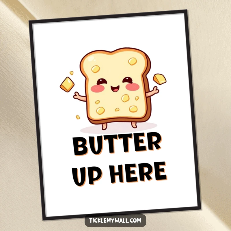 Funny digital art print of a blushing toast with wide eyes, joyfully juggling numerous pats of butter.