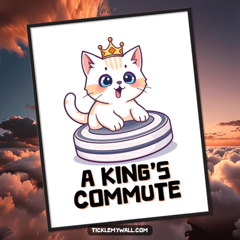 Funny crowned cat surprised while riding a Roomba, a printable digital art piece conveying humor and regal silliness.