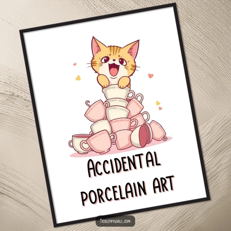 Funny digital art print of a startled cat causing a teacup tower to fall, ready to be printed.