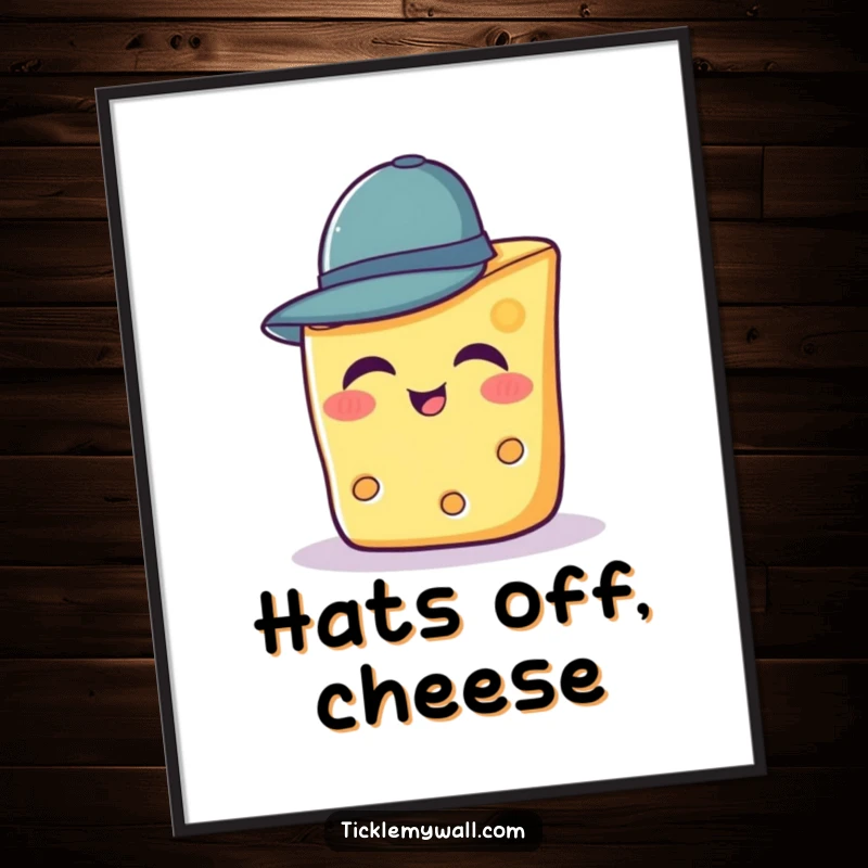 Funny digital art print of a giggling slice of cheese trying on a comically small hat.