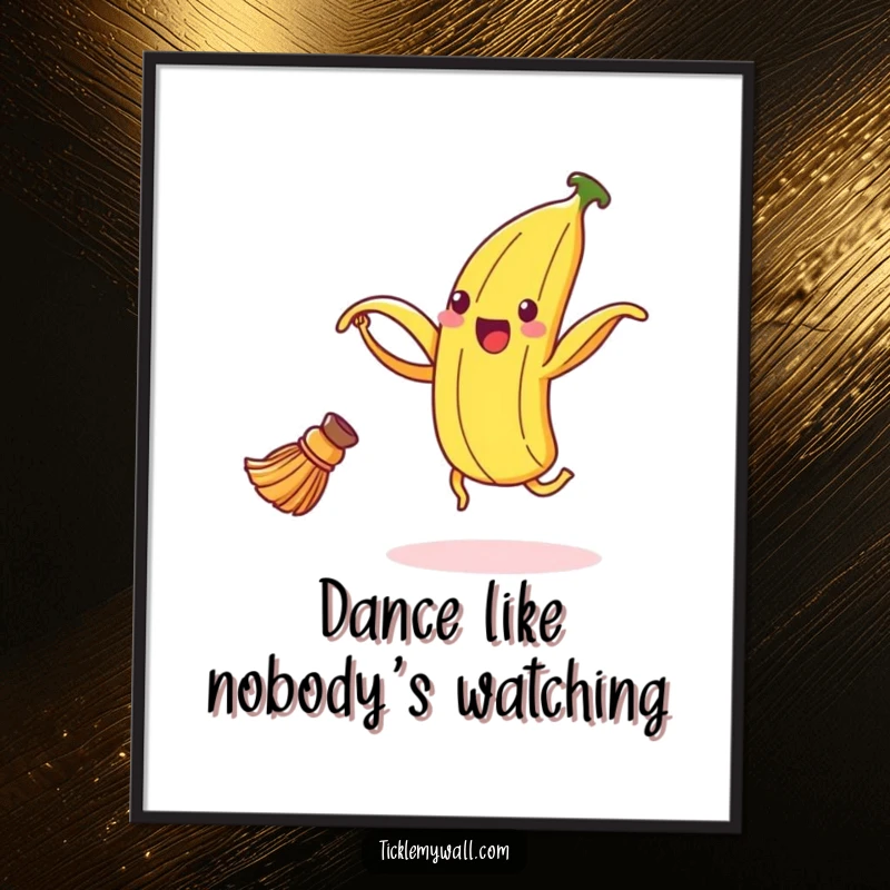 Funny banana peel digital art print of a delighted peel dancing with a broom, perfect for humorous and lively wall decor.