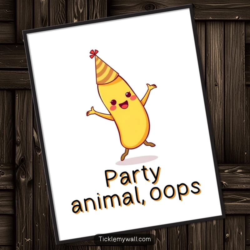 Funny dancing banana wearing a party hat slipping on its own peel on a printable digital art file.