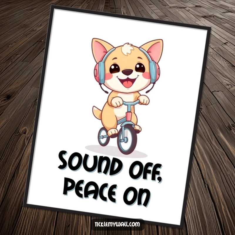 Funny digital art print of an ecstatic dog in earmuffs, balancing on a tiny unicycle, a vibrant and humorous decoration.