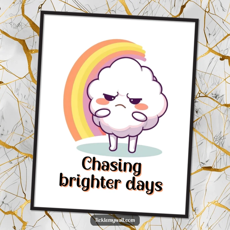 Funny Digital Art Print: A grumpy cloud character attempting to hug a rainbow, a comical and printable artwork.
