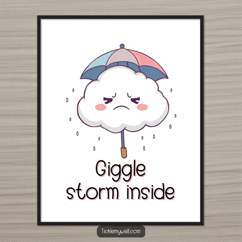 Funny Grumpy Cloud Digital Art Print, a grumpy cloud with a tiny umbrella, raining drops of laughter, humorous wall art.