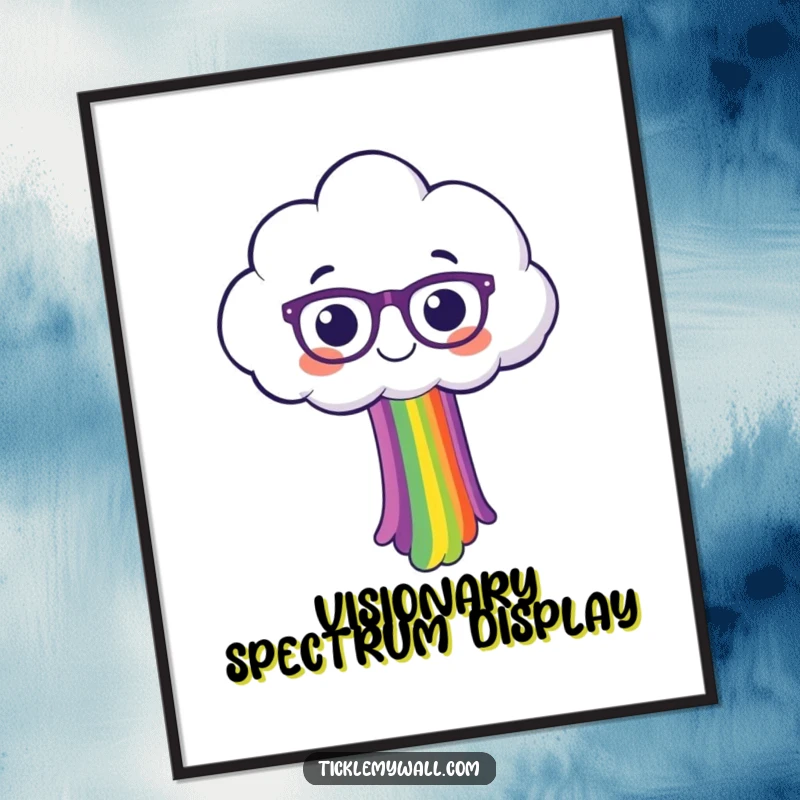 Funny, high-resolution digital artwork of a cheerful cloud wearing glasses, artfully spilling a bright rainbow.